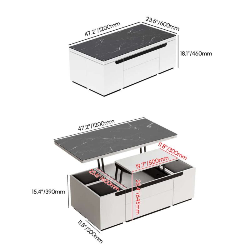 "Dimension of Modern White Lift Top Marble Coffee Table with Drawers & Storage Multifunction Table"