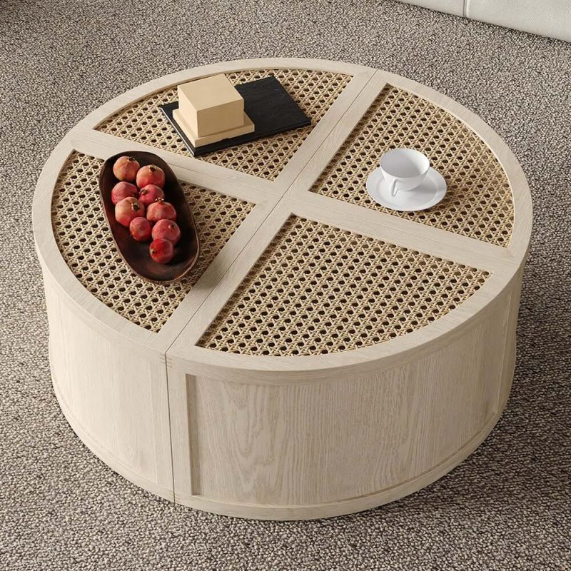 "Round to Square Block Modular Coffee Table White Oak Rattan with Storage 4 Piece"