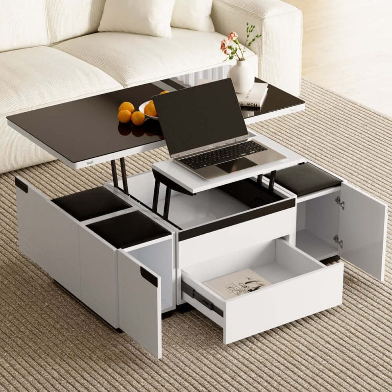 "Modern White Lift Top Glass Coffee Table with Drawers & Storage Multifunction Table"