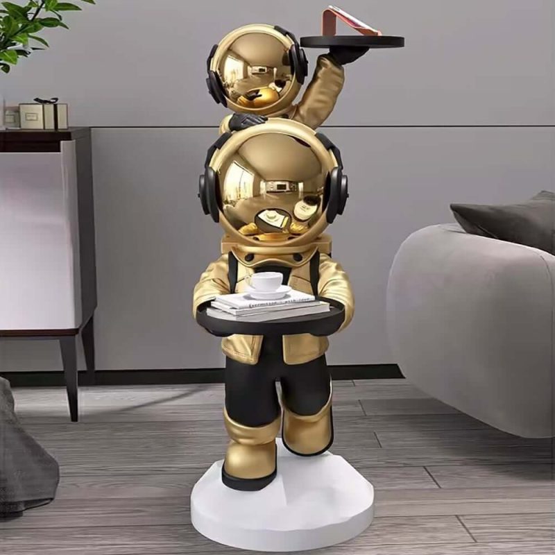 "Astronaut Resin Figurine Gold Side Table with Tray Top"