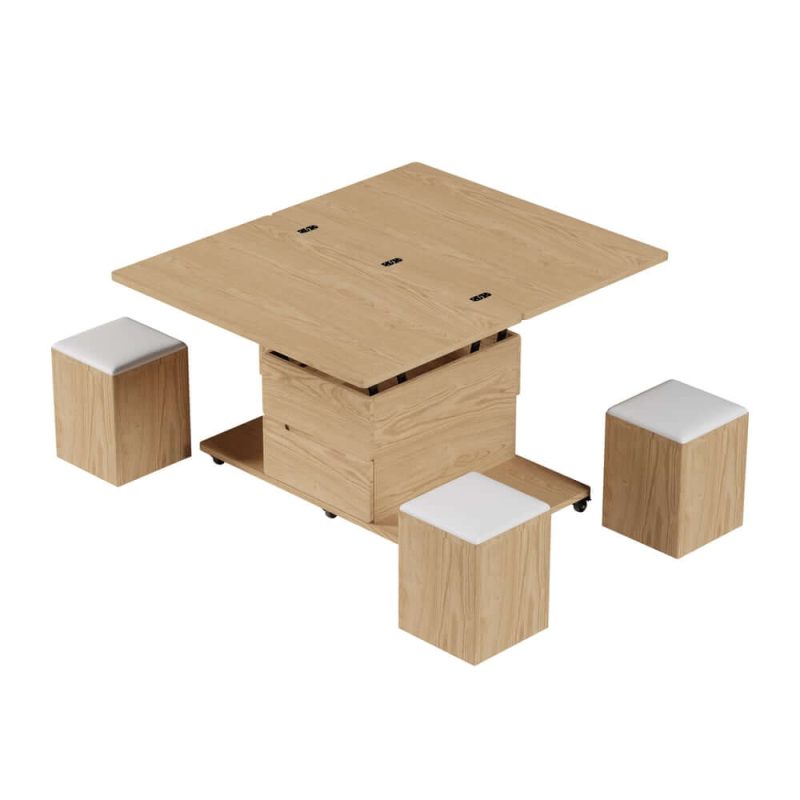 "39" Lift-Top Foldable Natural Coffee Table with 4 Stools & Storage"