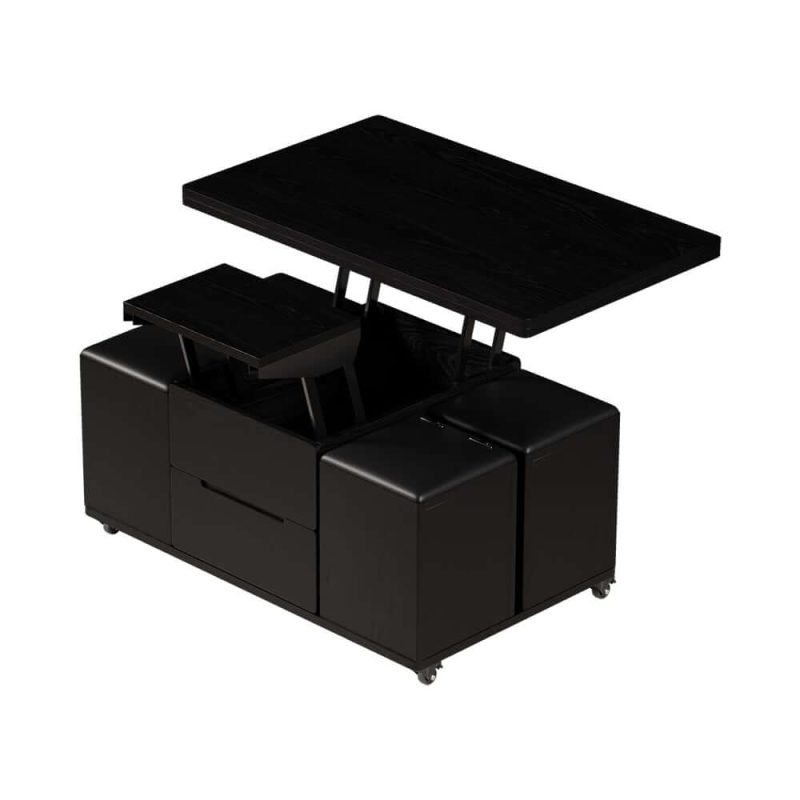 "39" Lift-Top Foldable Coffee Table with 4 Stools & Storage"