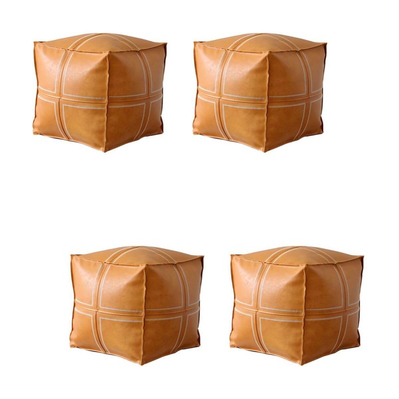 "Geometric Genuine Leather Square Pouf Ottoman for Modern Style - Removable Cushion Cover Included - Croci 4 Piece Set"
