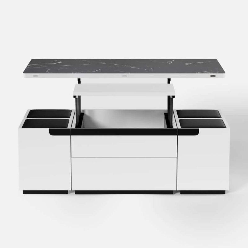 "Modern White Lift Top Marble Coffee Table with Drawers & Storage Multifunction Table"