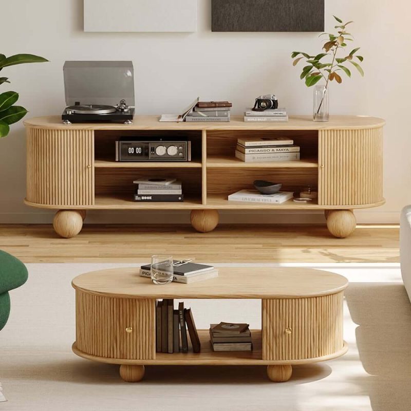 "Stria 47" Oval Natural Solid Wood Fluted Coffee Table with Storage 71" Ash Wood TV Stand"