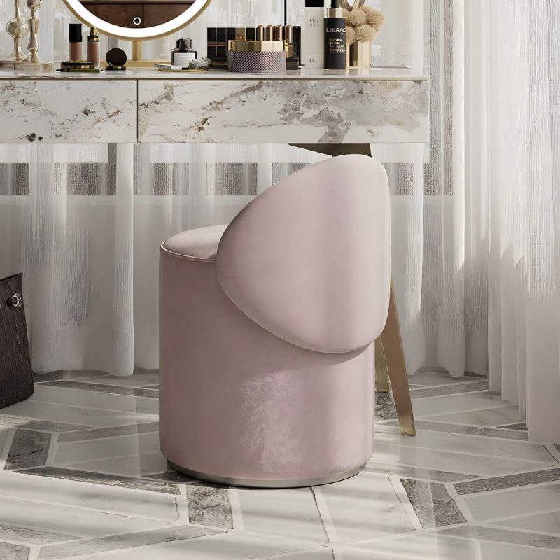 "Contemporary Pink Armless Swivel Vanity Stool with Upholstered Seat and Backrest - Faux Leather"