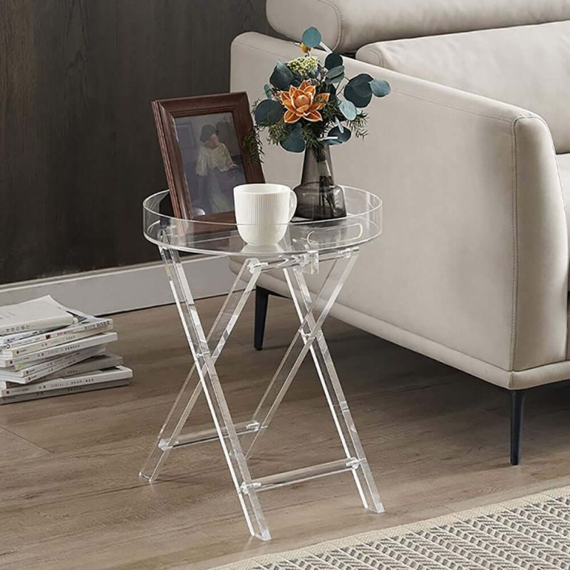 "Modern Acrylic Folding Side Table Round End Table with Tray "