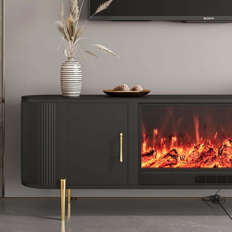 "78.7" Modern Black Electric Fireplace TV Stand Sintered Stone Top with Remote Control"