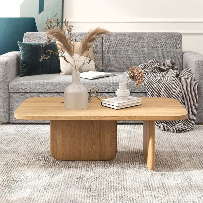 "47.2" Pine Wood Coffee Table Rectangle-shaped in Natural with Abstract Base"