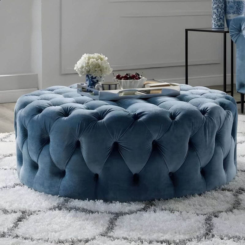 "Indoor Solid Color Contemporary Round Fabric Upholstered Tufted Cocktail - 1 Piece 43"L x 43"W x 17"H Dark Blue"