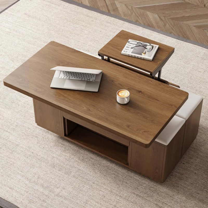 "39" Lift-Top Foldable Walnut Coffee Table with 4 Stools & Storage"