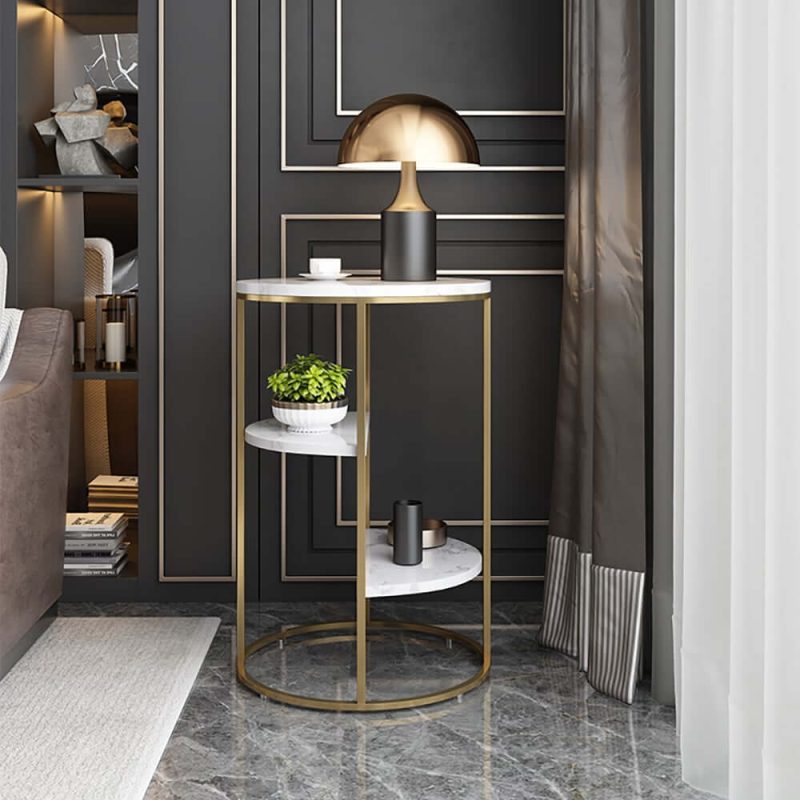 "3-Tiered White & Gold End Table with Shelf Sintered Stone Top & Metal Frame Side Table"