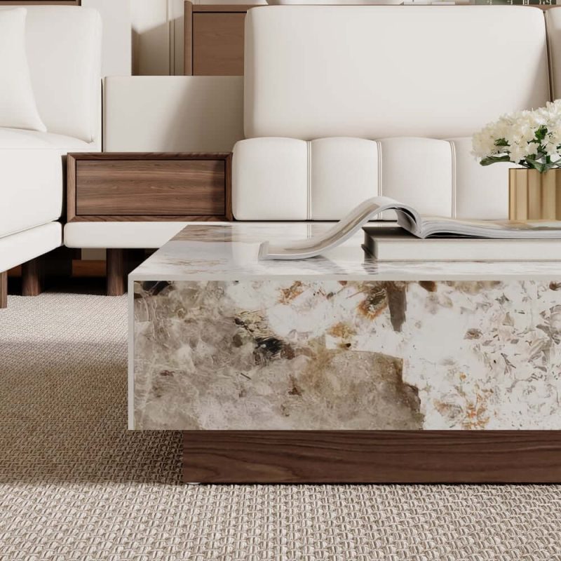 "39" Square Sintered Stone Block Coffee Table With Wood Base	"