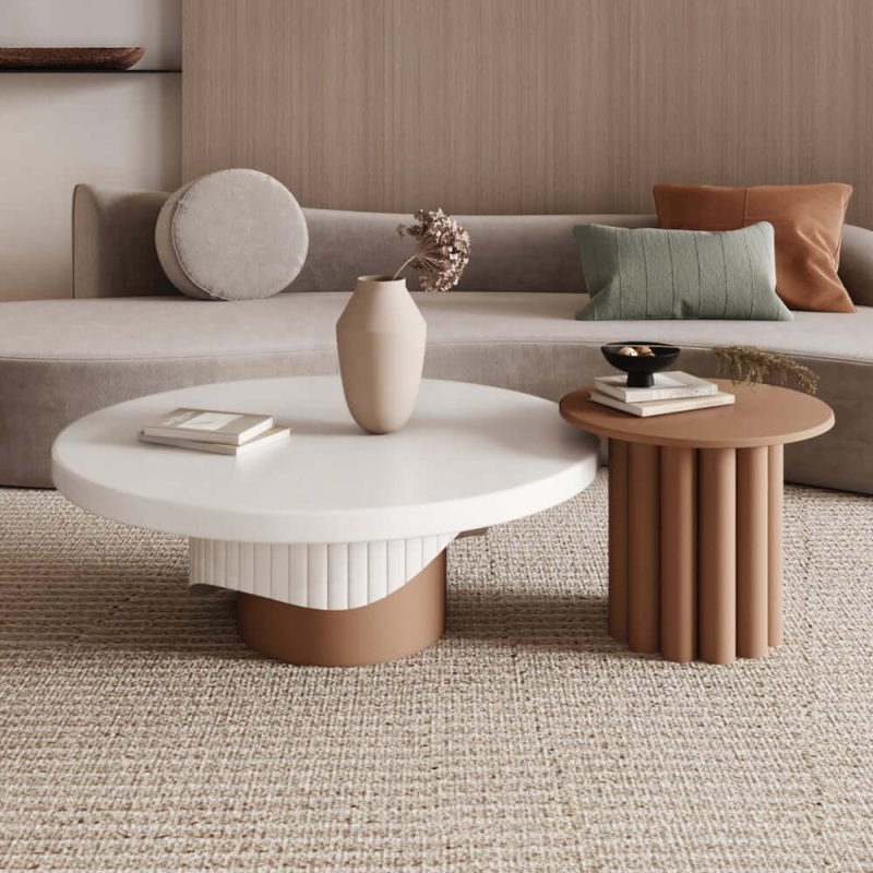 "Yarnic 2-Piece Round Wood Coffee Table Set with Fluted Base in White & Walnut"