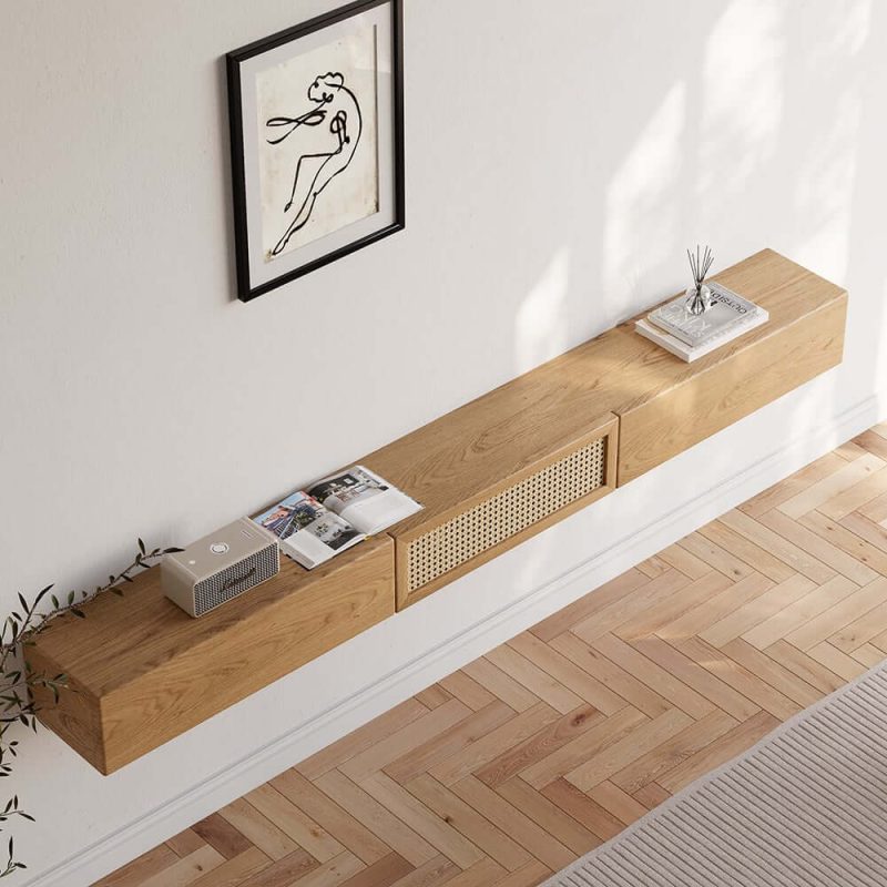 "70" Walnut Ash Wood Floating Rattan TV Stand Wall Mount Cane Flip Storage Living Room"
