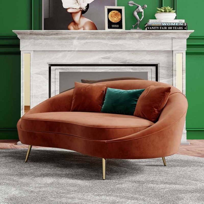 "Modern 63" Bronze Velvet Curved Sofa Toss Pillow Included"