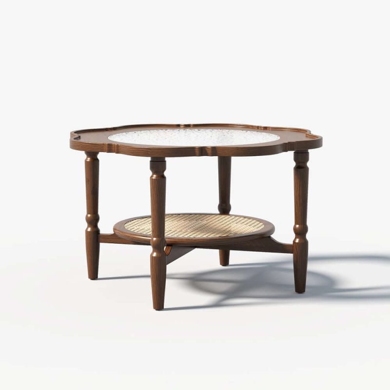 "31.5" Walnut Glass Top Wood Rattan 2-Tiered Coffee Table 	"