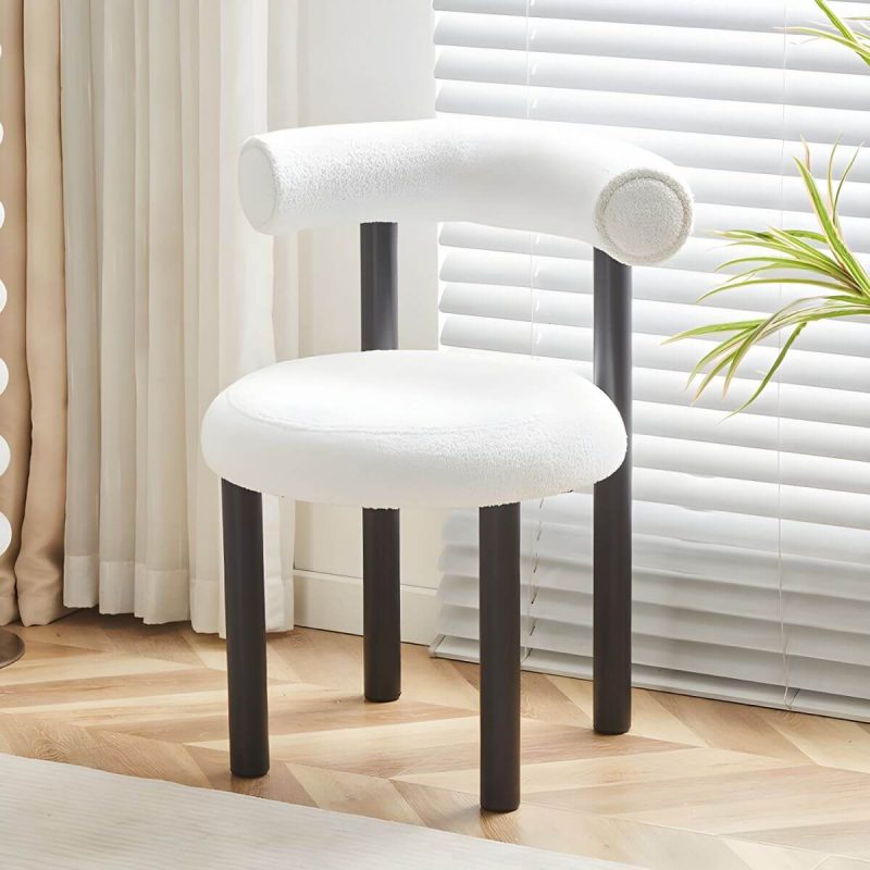 "Contemporary Vanity Stool with Back, Sherpa Upholstered and Black Legs - Beige"