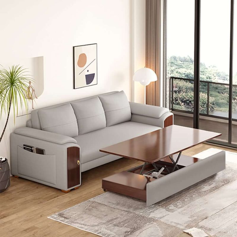 "94.5" Gray Pull Out Sofa Bed Convertible Leath-Aire Sleeper with Lift-top Coffee Table"