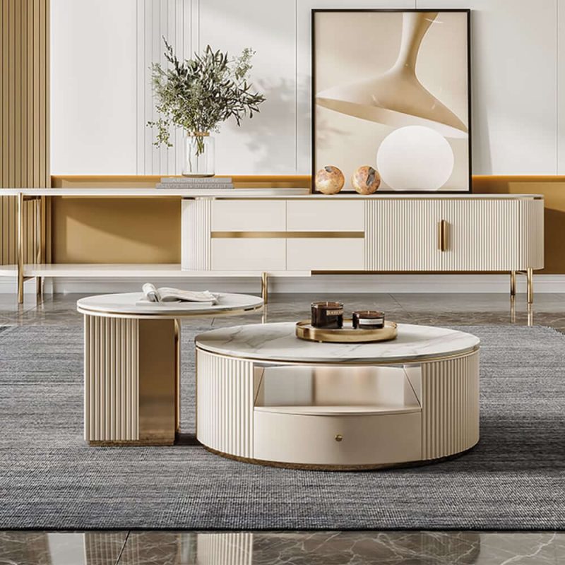 "Mytures Modern Round Nesting Coffee Table with Storage White Sintered Stone Set of 2"