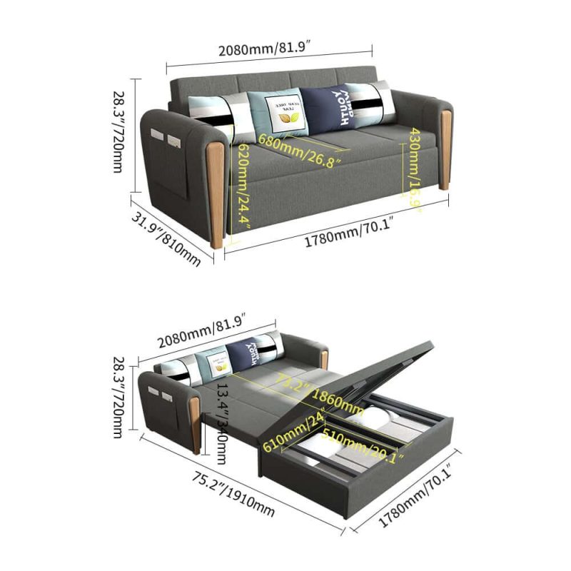 "Dimension of 82" Queen 3-Seater Linen Convertible Sleeper Sofa"