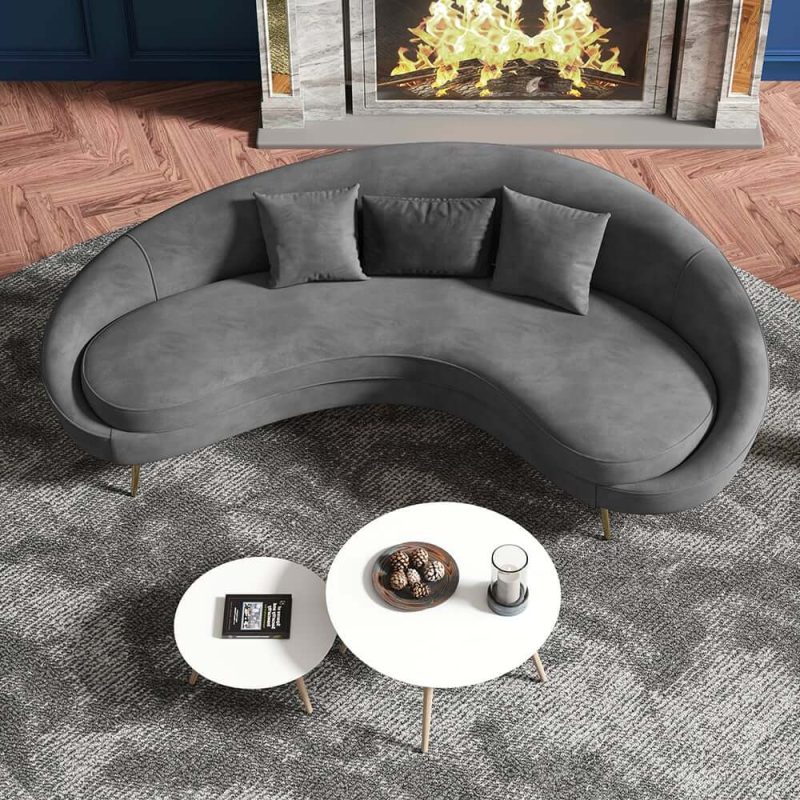 "83" Modern Gray Velvet 3-Seater Curved Sofa for Living Room with Gold Legs"