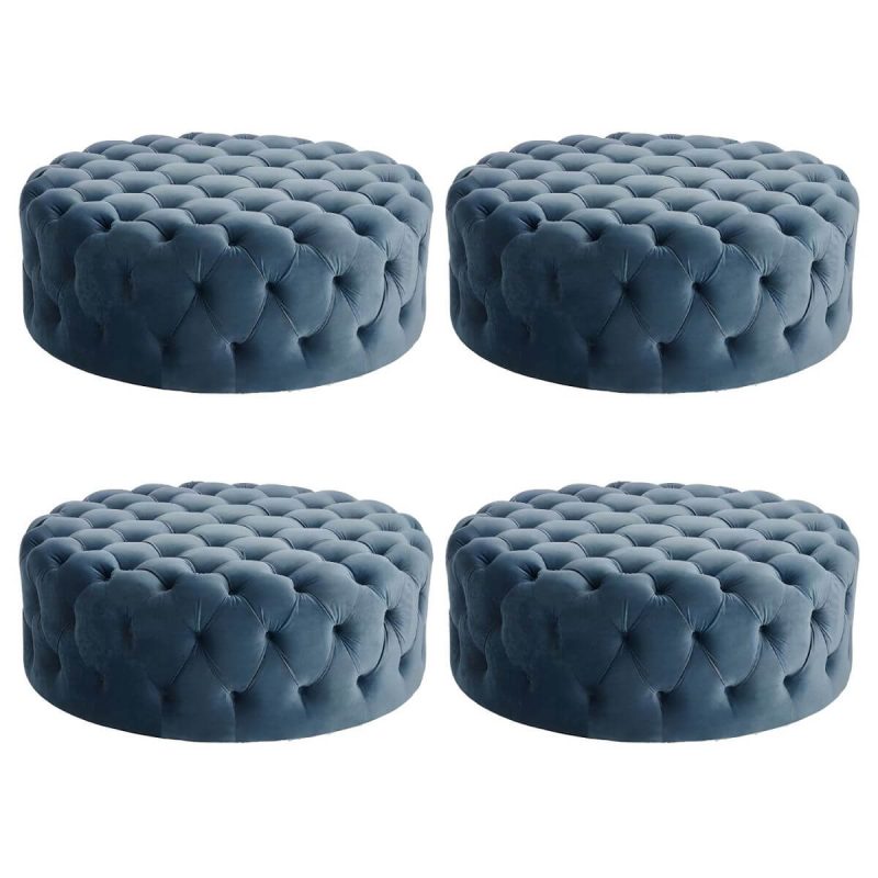 "Indoor Solid Color Contemporary Round Fabric Upholstered Tufted Cocktail - 4 Piece Set 35.5"L x 35.5"W x 16"H Dark Blue"