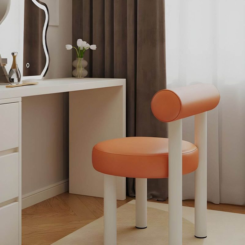 "Solid Color Upholstered Vanity Stool with Tall Back and Metal Legs in Modern Design - Beige Sherpa"