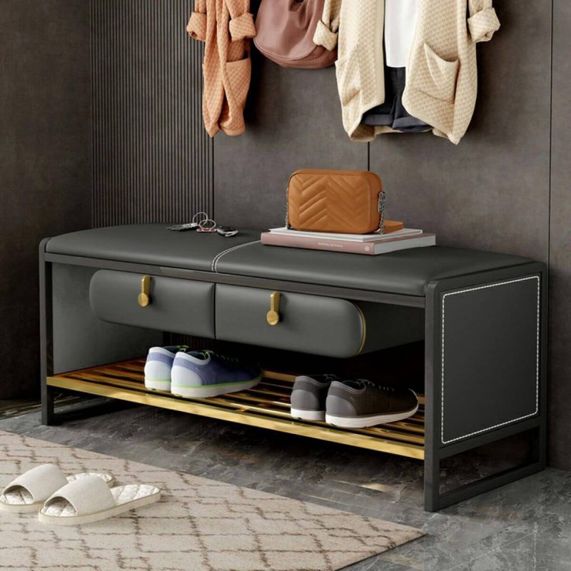 "Glam Faux Leather Rectangle Ottoman with Storage - Black Legs - 47"L x 16"W x 18"H Dark Gray"