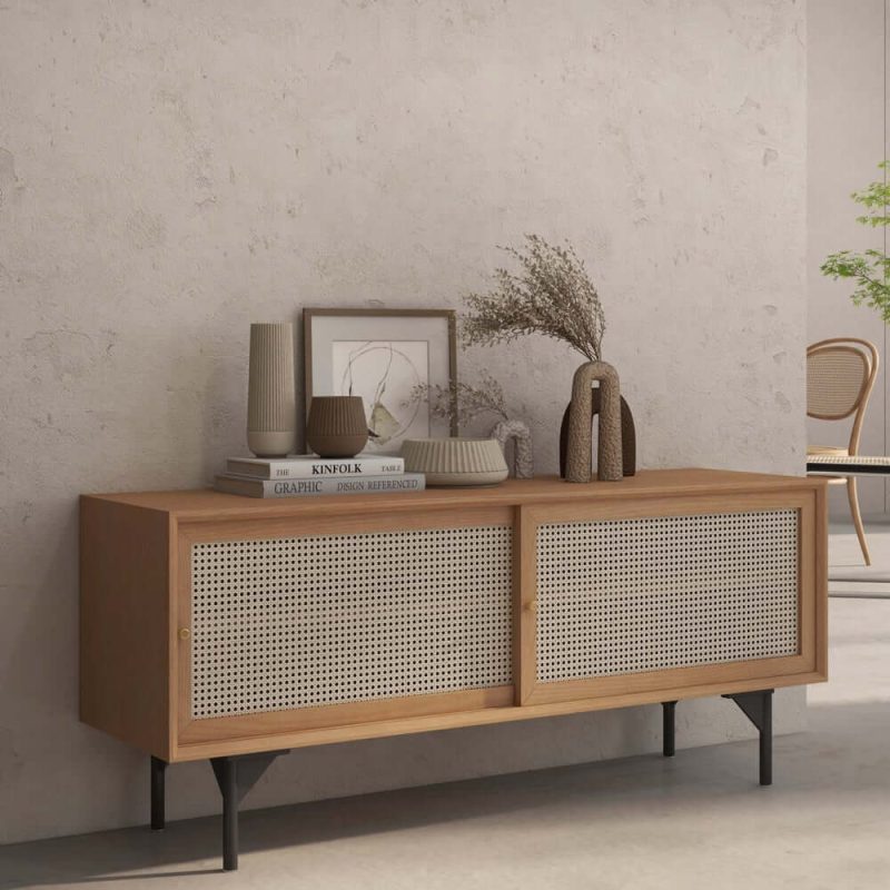"Cottage Natural 60 inch TV Stand with Rattan Woven Doors & Adjustable Shelves"