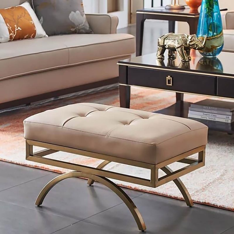 "Beige Stool Leather Upholstered Ottoman Stool Gold Legs"