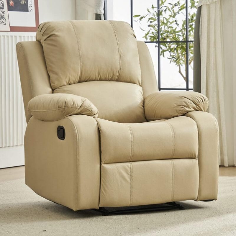 "Manual Recliner with Rotating Base, Lumbar Support, Wood Frame, Independent Foot Movement, Locking Back Angle, Solid Color, and Simple Style, Beige, Tech Cloth"