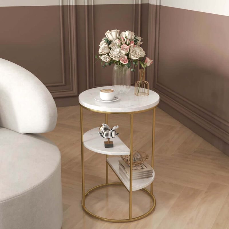 "3-Tiered White & Gold End Table with Shelf Sintered Stone Top & Metal Frame Side Table"