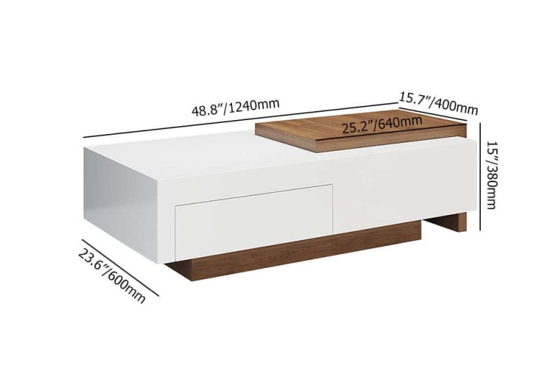 "Dimension of White & Walnut Extendable Rectangle Coffee Table with Drawer & Sliding Storage"