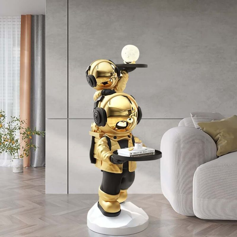 "Astronaut Resin Figurine Gold Side Table with Tray Top"