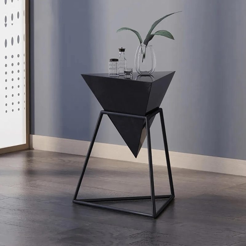 "Triangle Wood Side Table with Metal Base"