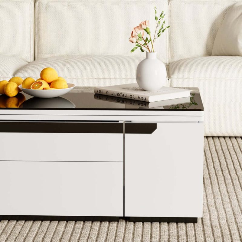 "Modern White Lift Top Glass Coffee Table with Drawers & Storage Multifunction Table"