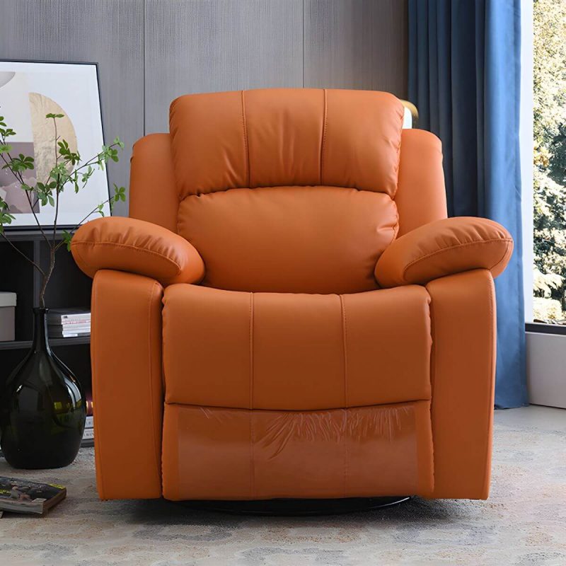 "Compact Wood Recliner with Locking Back Angle Adjustment and Independent Foot / Back Movement - Orange Genuine Leather Swivel Rocker"