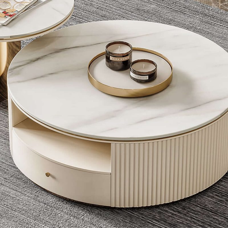 "Mytures Modern Round Nesting Coffee Table with Storage White Sintered Stone Set of 2"