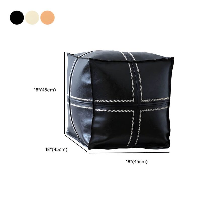 "Dimension of Geometric Genuine Leather Square Pouf Ottoman for Modern Style - Removable Cushion Cover Included - Black 1 Piece"