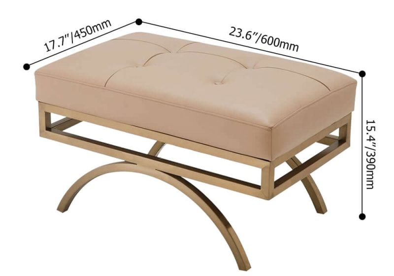 "Dimension of Beige Stool Leather Upholstered Ottoman Stool Gold Legs"