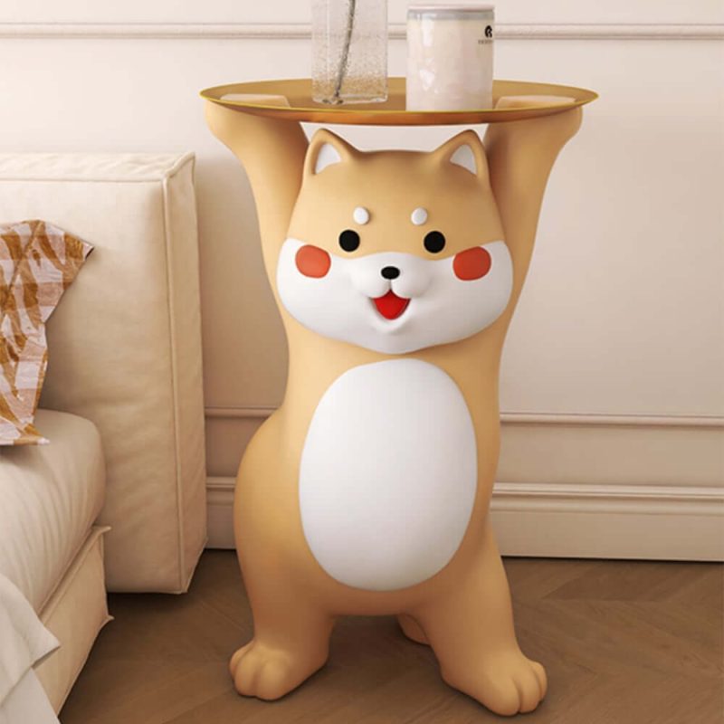 "Modern Dog Side Table Resin Figurine with Gold Tray"