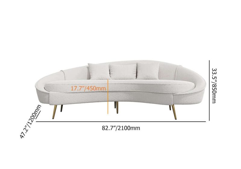 "Dimension of 83" Modern White Boucle Curved Sofa 3 Seaters Toss Pillow Included"