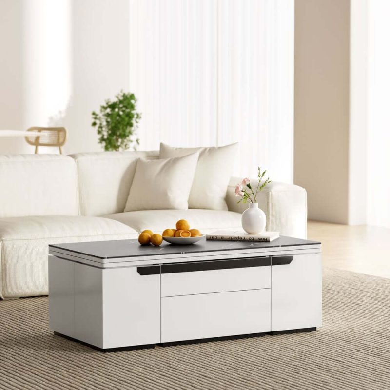 "Modern White Lift Top Marble Coffee Table with Drawers & Storage Multifunction Table"
