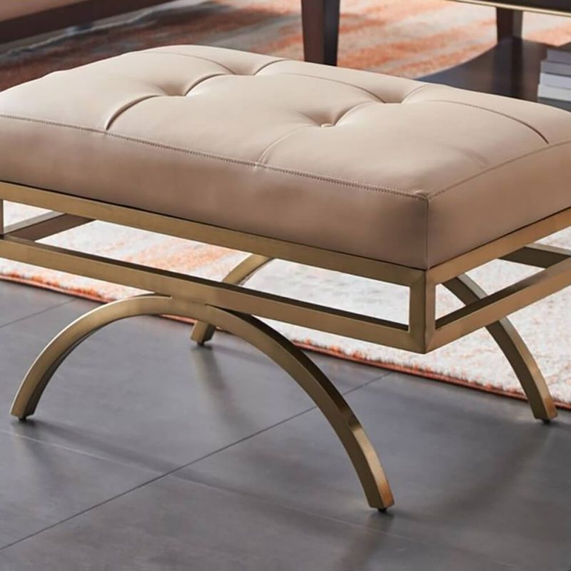 "Beige Stool Leather Upholstered Ottoman Stool Gold Legs"