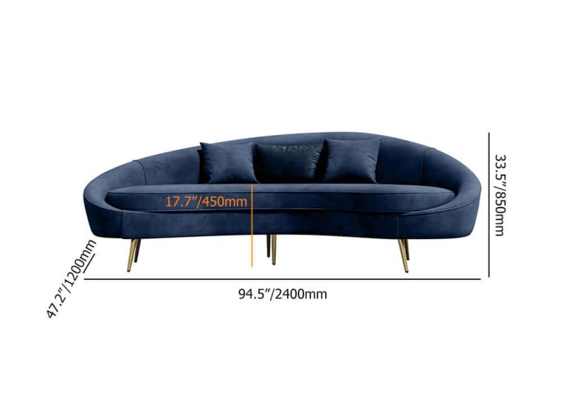 "Dimension of Modern 95" Blue Velvet Curved 3 Seaters Sofa for Living Room"
