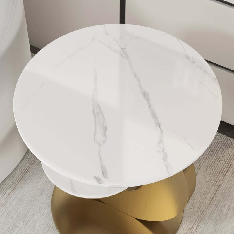 "20" Round Sintered Stone 2-Tier Gold Moon-Shaped Side Table"