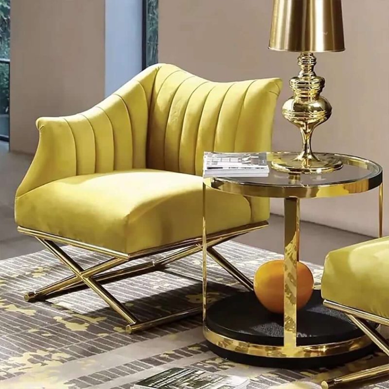 "Yellow Velvet-upholstered Accent Chair with Right Side Armrest and Gold Legs"