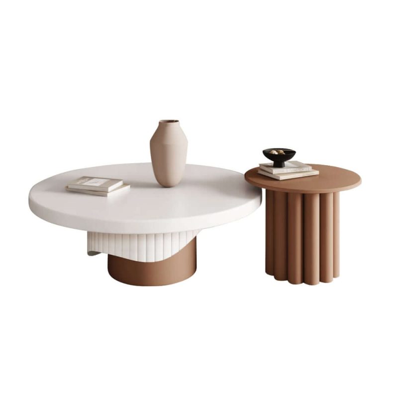 "Yarnic 2-Piece Round Wood Coffee Table Set with Fluted Base in White & Walnut"