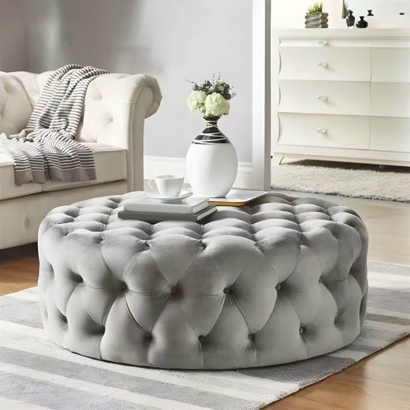 "Indoor Solid Color Contemporary Round Fabric Upholstered Tufted Cocktail - 1 Piece 31.5"L x 31.5"W x 16"H Light Gray"